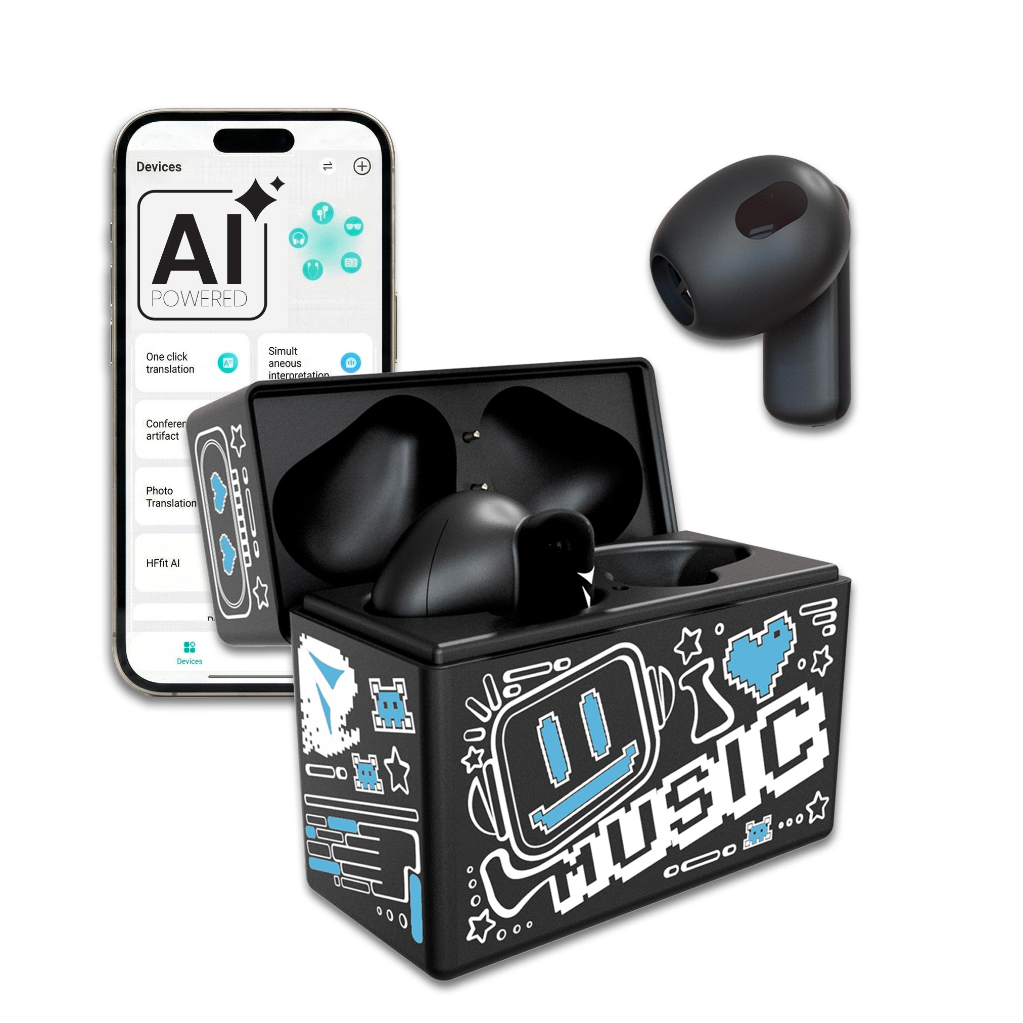 TECHMADE Auricolari Bluetooth True Wireless In-Ear – Box Ricarica, Colore Nero/Azzurro, Comandi Touch