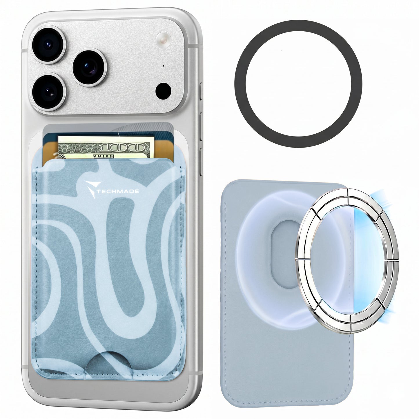 MagSafe Compatible Slim Wallet - Holds up to 3 Cards, with Adapter Ring (Liquid Pattern)