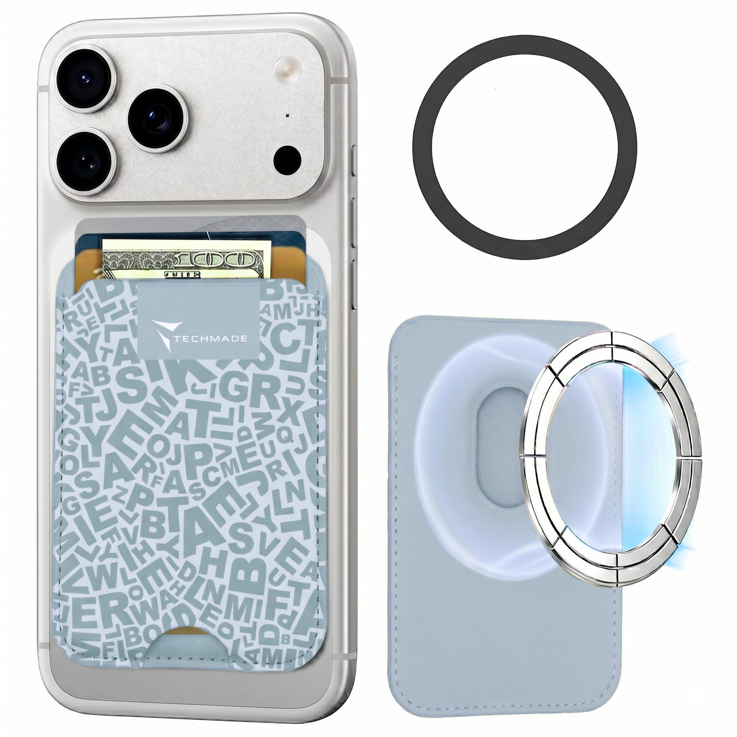 Slim Wallet compatibile MagSafe - Fino a 3 carte, con Anello adattatore (Pattern Write)