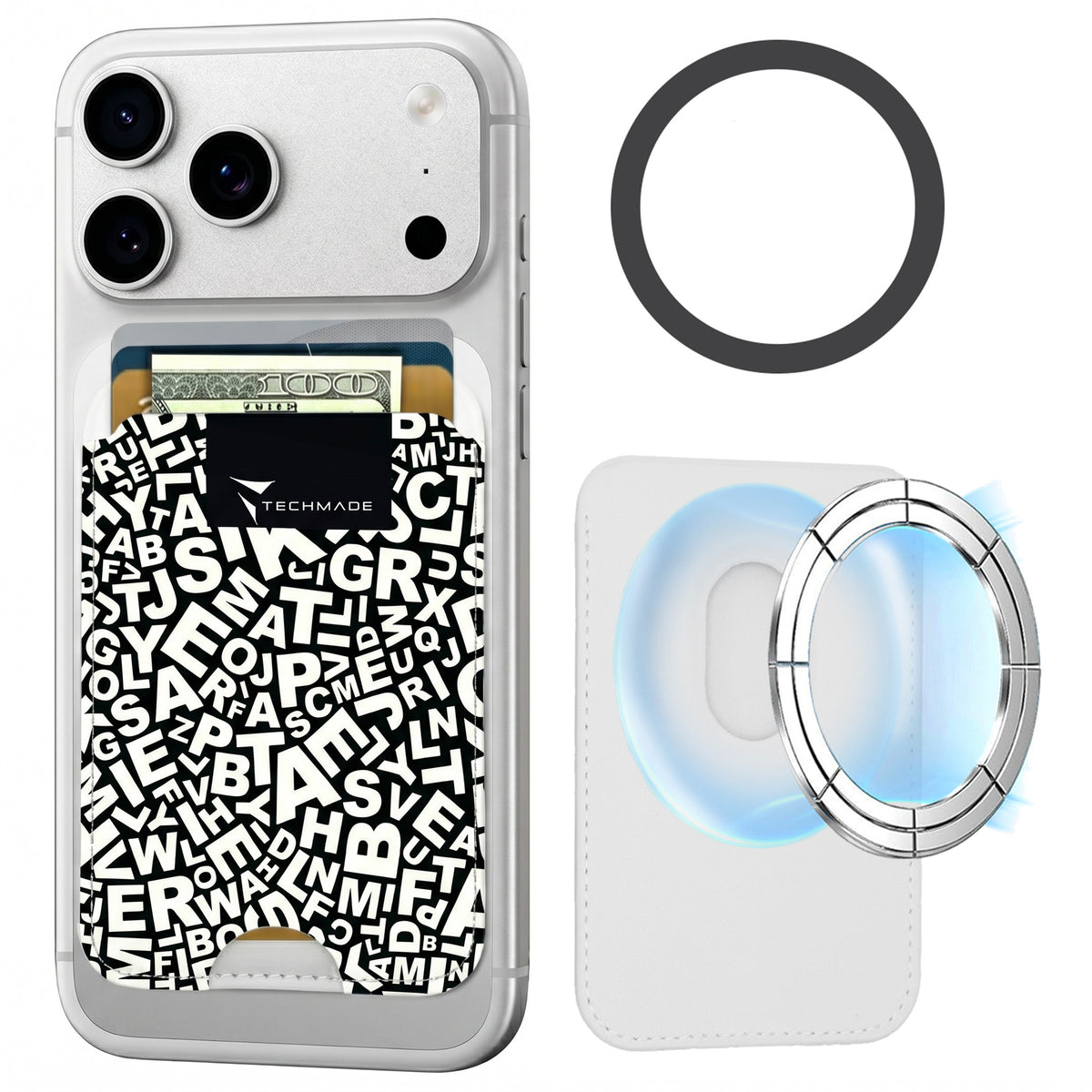 Slim Wallet compatibile MagSafe - Fino a 3 carte, con Anello adattatore (Pattern Write)