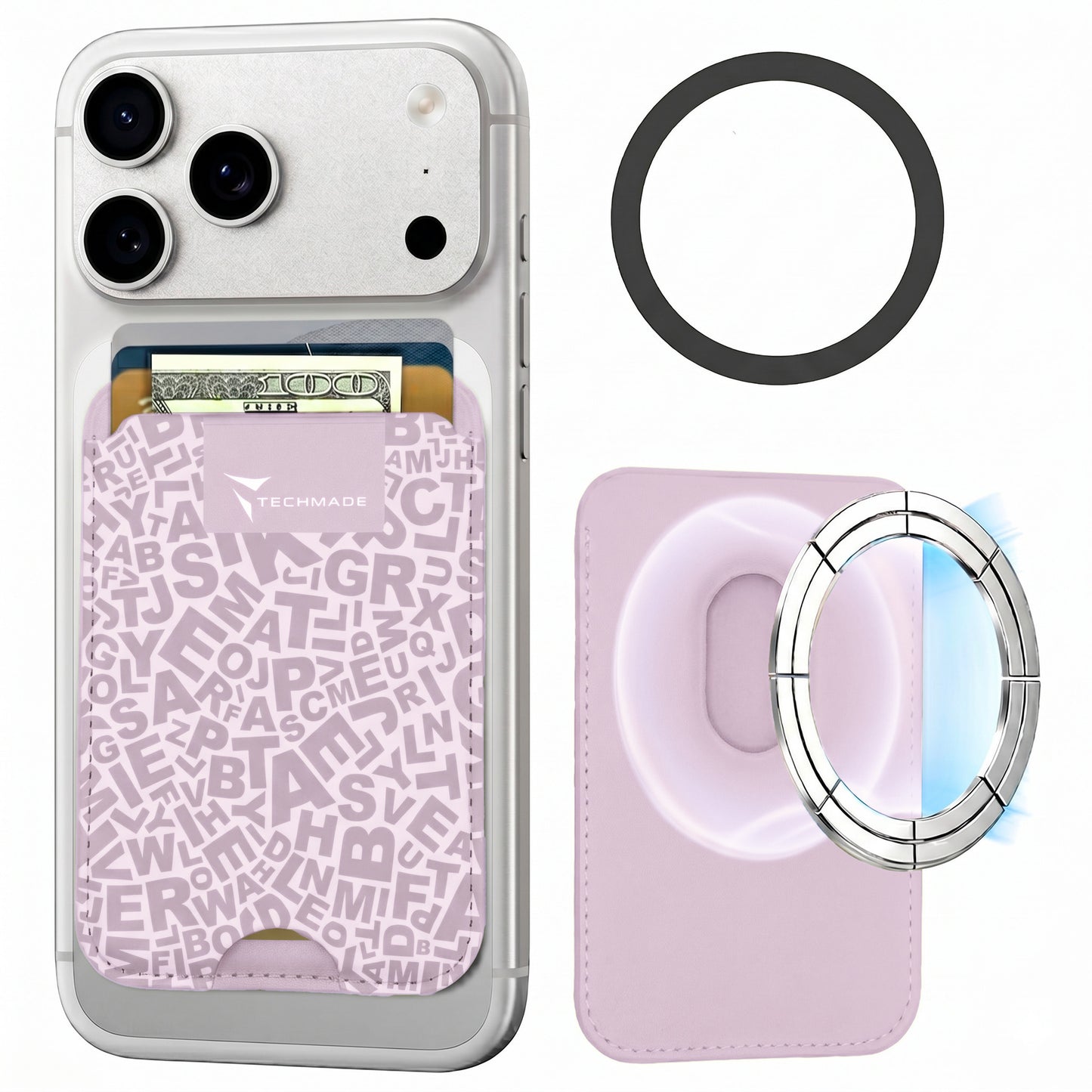 Slim Wallet compatibile MagSafe - Fino a 3 carte, con Anello adattatore (Pattern Write)