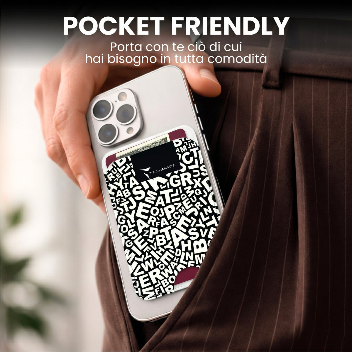 Slim Wallet compatibile MagSafe - Fino a 3 carte, con Anello adattatore (Pattern Write)