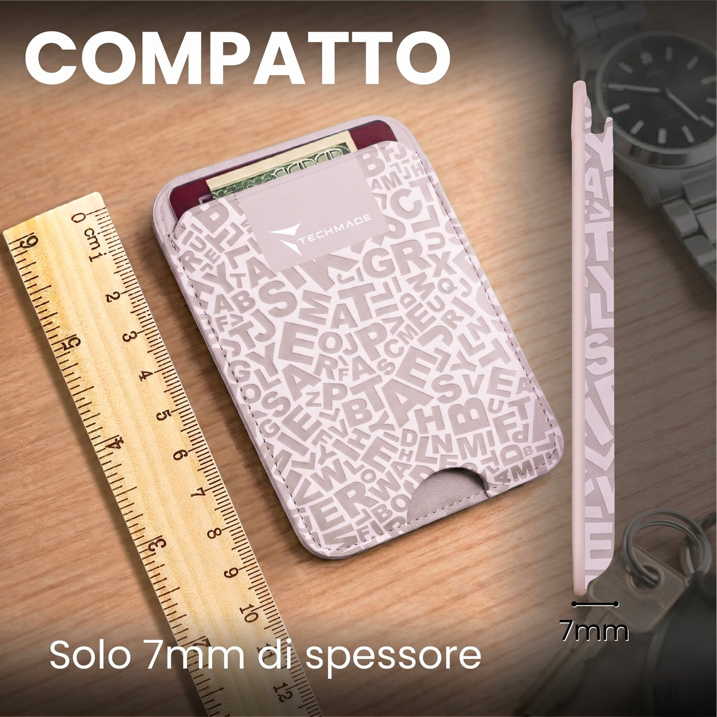 Slim Wallet compatibile MagSafe - Fino a 3 carte, con Anello adattatore (Pattern Write)