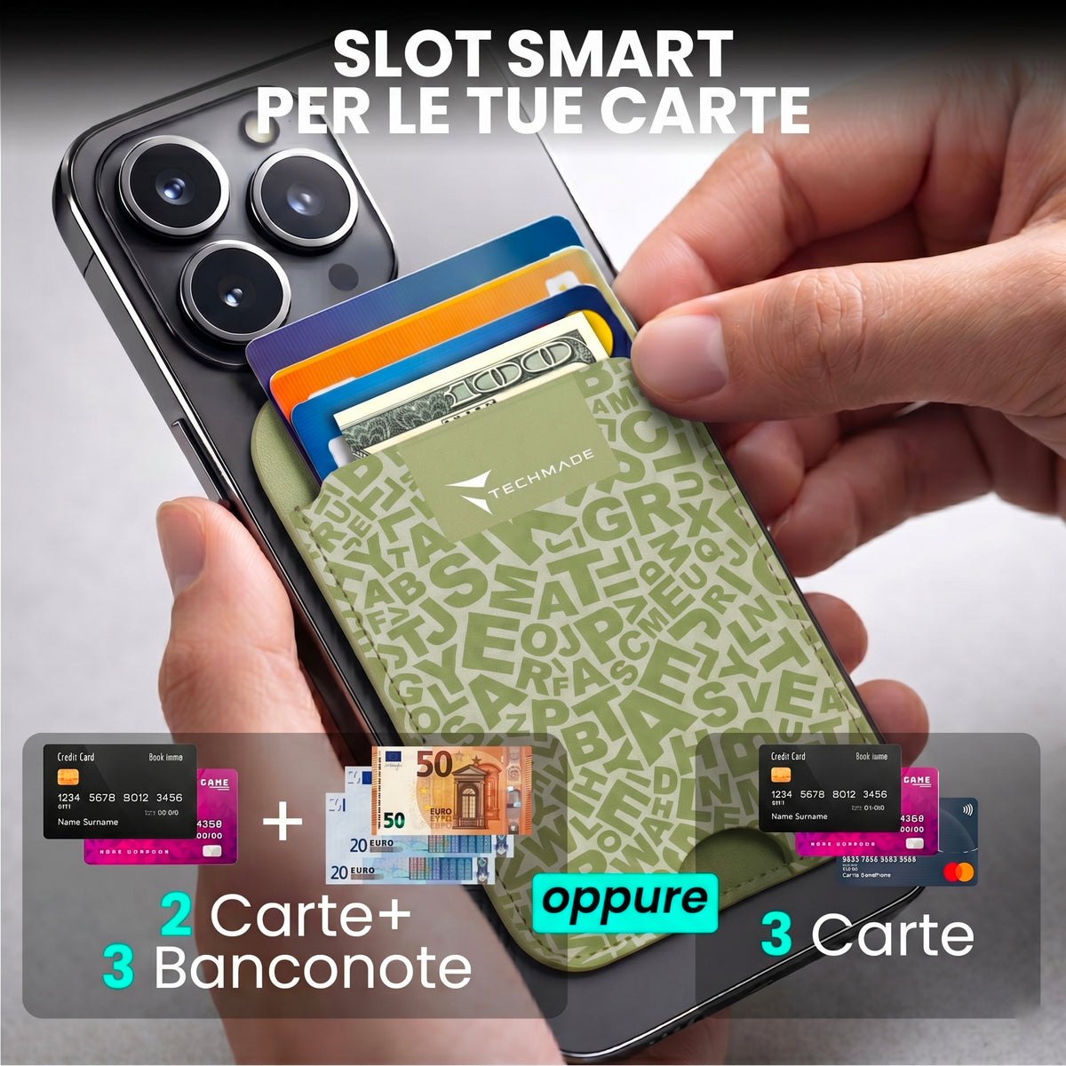 Slim Wallet compatibile MagSafe - Fino a 3 carte, con Anello adattatore (Pattern Write)