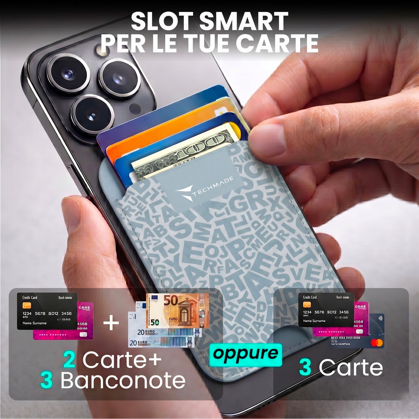 Slim Wallet compatibile MagSafe - Fino a 3 carte, con Anello adattatore (Pattern Write)