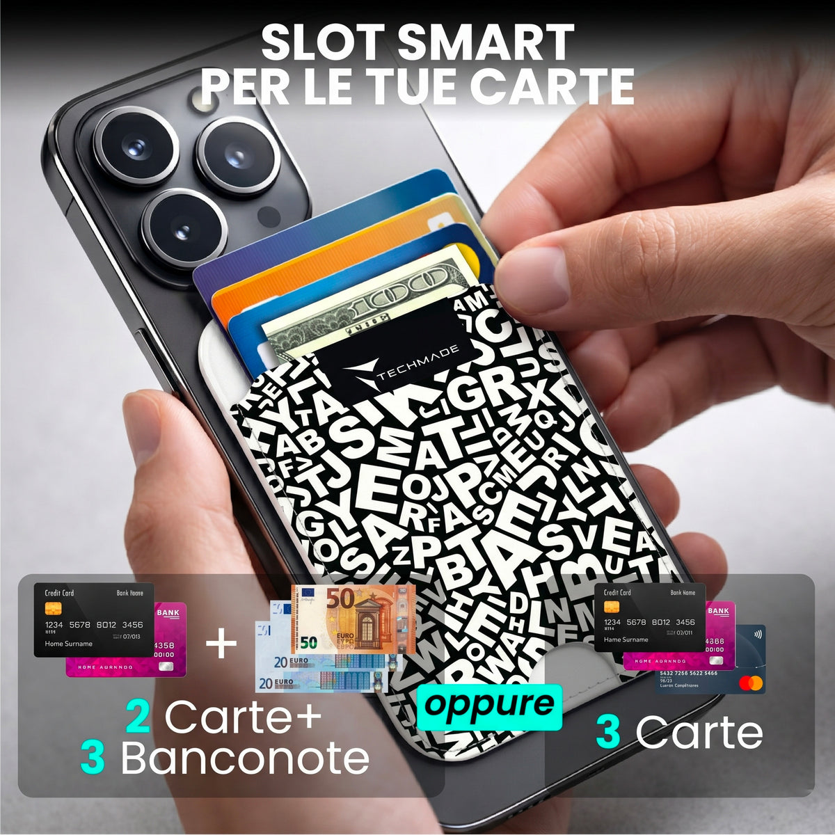 Slim Wallet compatibile MagSafe - Fino a 3 carte, con Anello adattatore (Pattern Write)