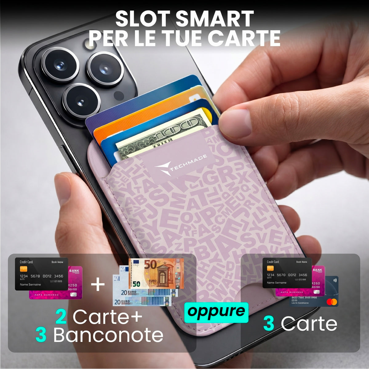 Slim Wallet compatibile MagSafe - Fino a 3 carte, con Anello adattatore (Pattern Write)