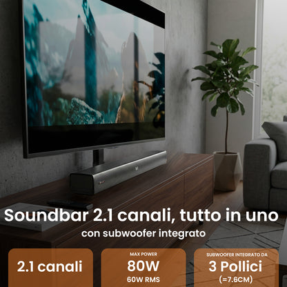 Soundbar con Subwoofer 2.1  80W - ARC, Bluetooth, AUX, Ottico