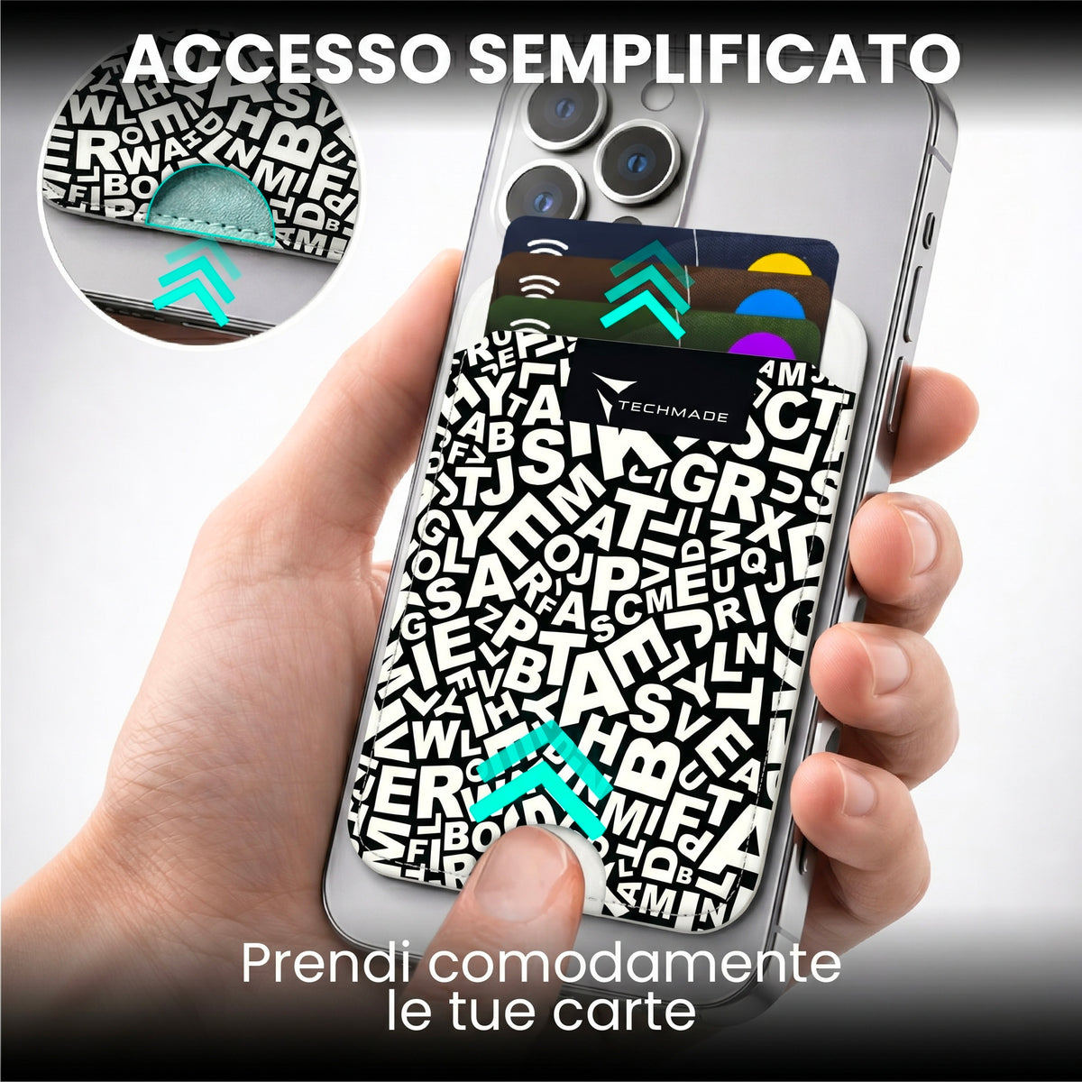 Slim Wallet compatibile MagSafe - Fino a 3 carte, con Anello adattatore (Pattern Write)