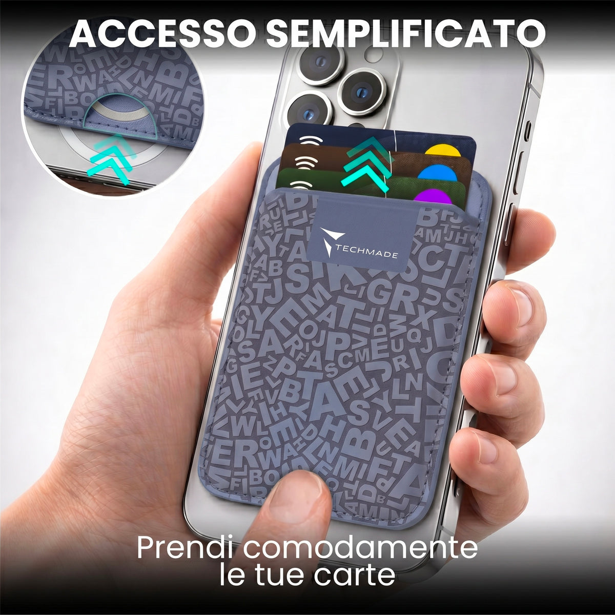Slim Wallet compatibile MagSafe - Fino a 3 carte, con Anello adattatore (Pattern Write)