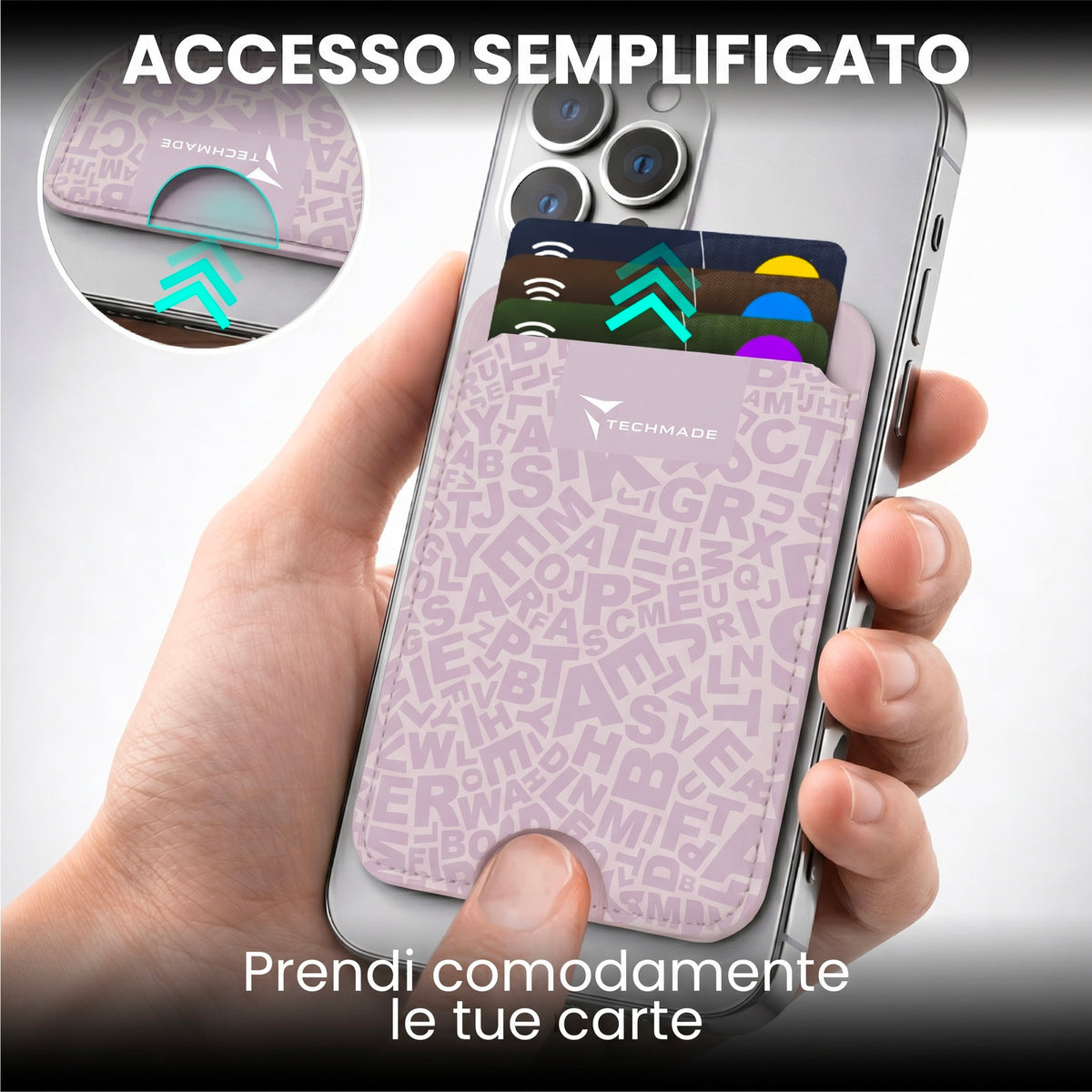 Slim Wallet compatibile MagSafe - Fino a 3 carte, con Anello adattatore (Pattern Write)