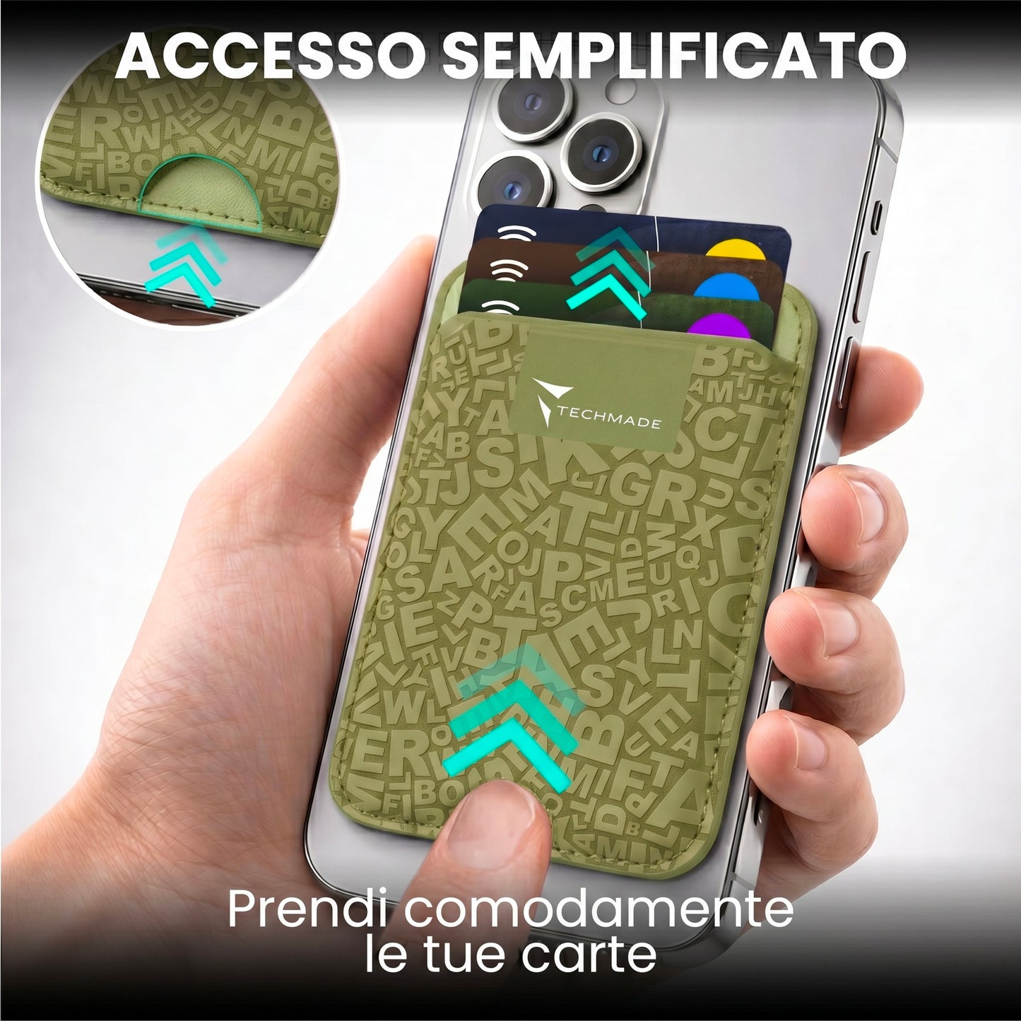 Slim Wallet compatibile MagSafe - Fino a 3 carte, con Anello adattatore (Pattern Write)