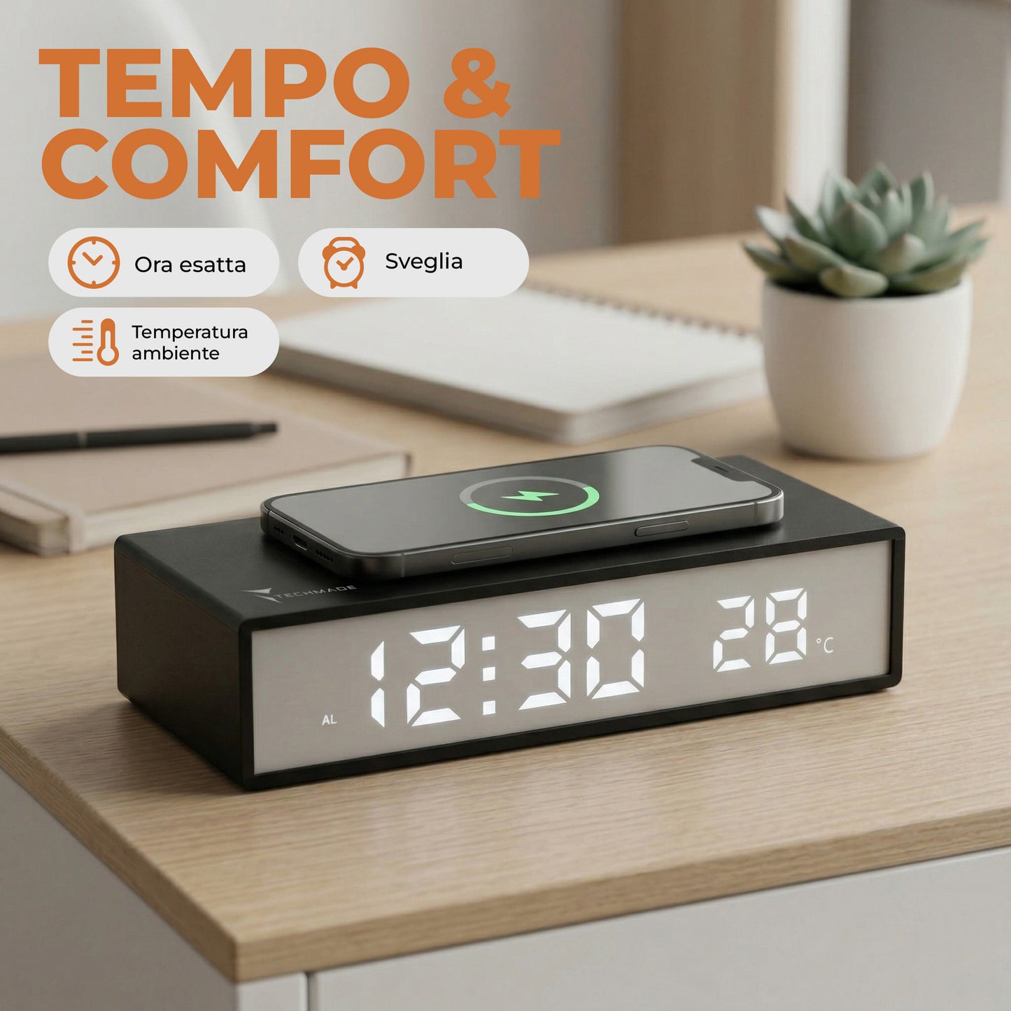 Sveglia Orologio con Ricarica Wireless - 15W