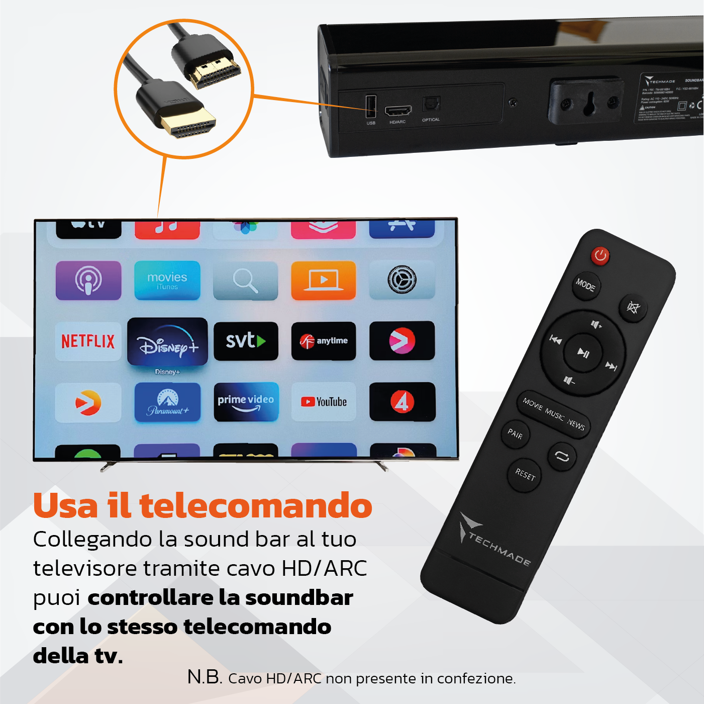 Soundbar TV 2.0 120W - ARC, Bluetooth, AUX, Ottico