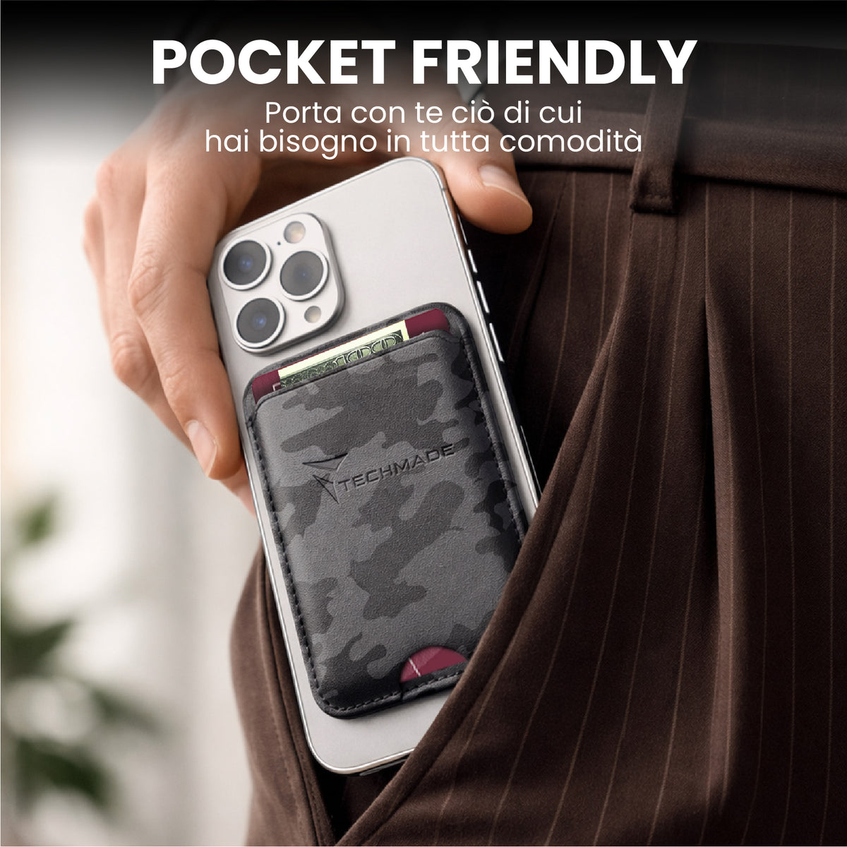 MagSafe Compatible Slim Wallet - Up to 3 Cards, with Adapter Ring (Camo Pattern)